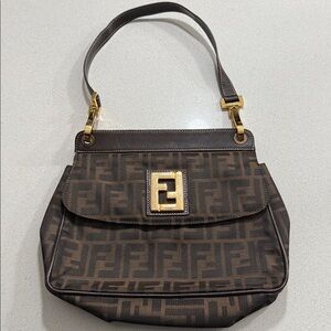 Vintage Fendi Dark Brown Shoulder Bag with Gold Accents
